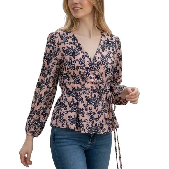 J.Crew Pink Navy Floral Wrap Blouse Peplum Style Long Sleeve Top Size XL - Picture 1 of 15